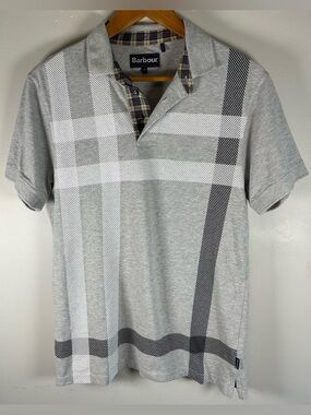 Barbour Men’s Polo Shirt Blaine Tartan Gray Size M Heritage Classic Menswear EUC
